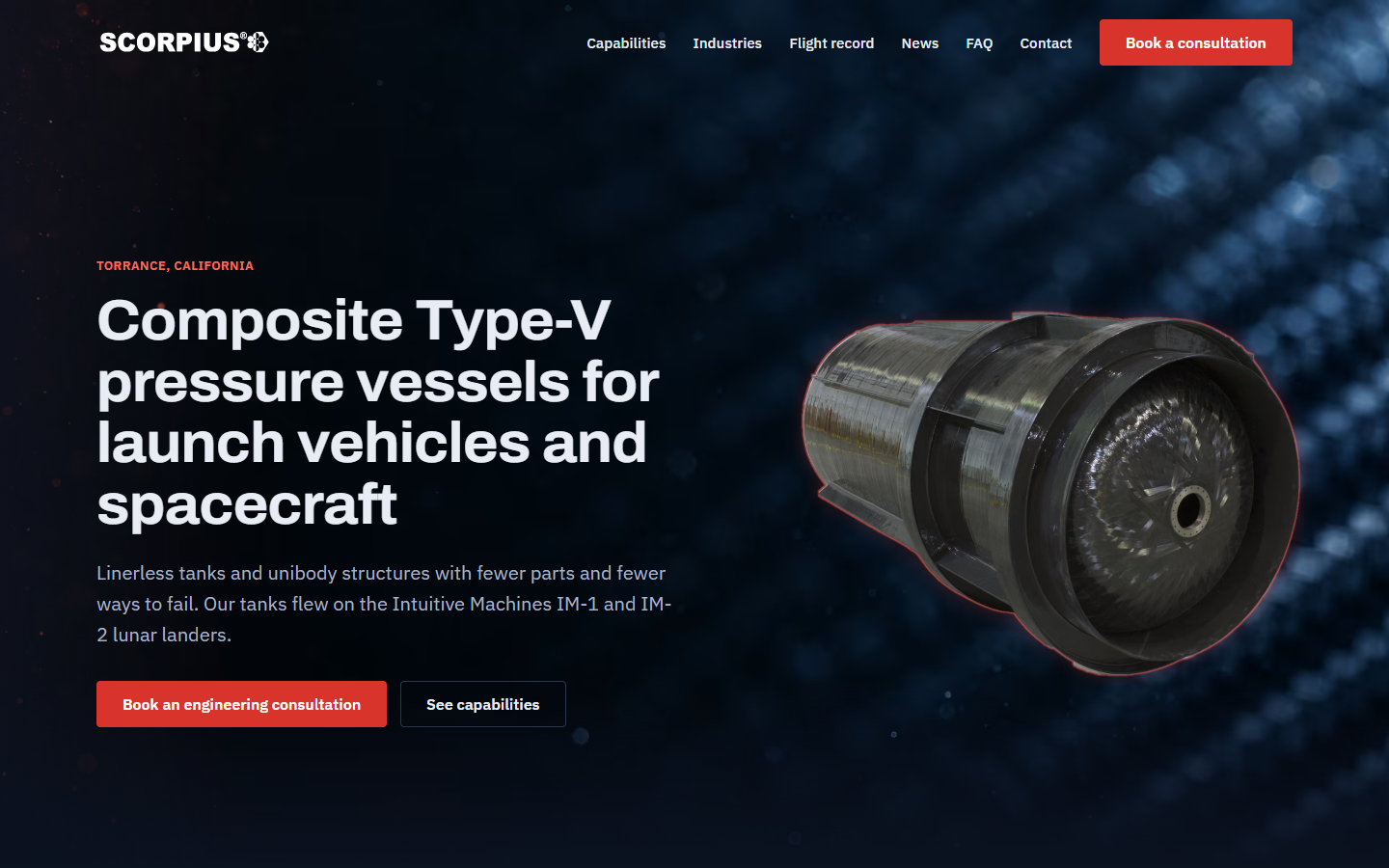 Scorpius Space Launch Company example site on a desktop screen