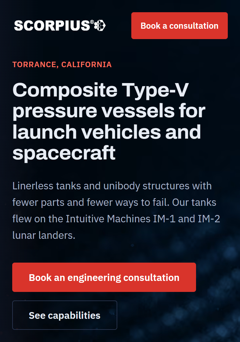 Scorpius Space Launch Company example site on a phone